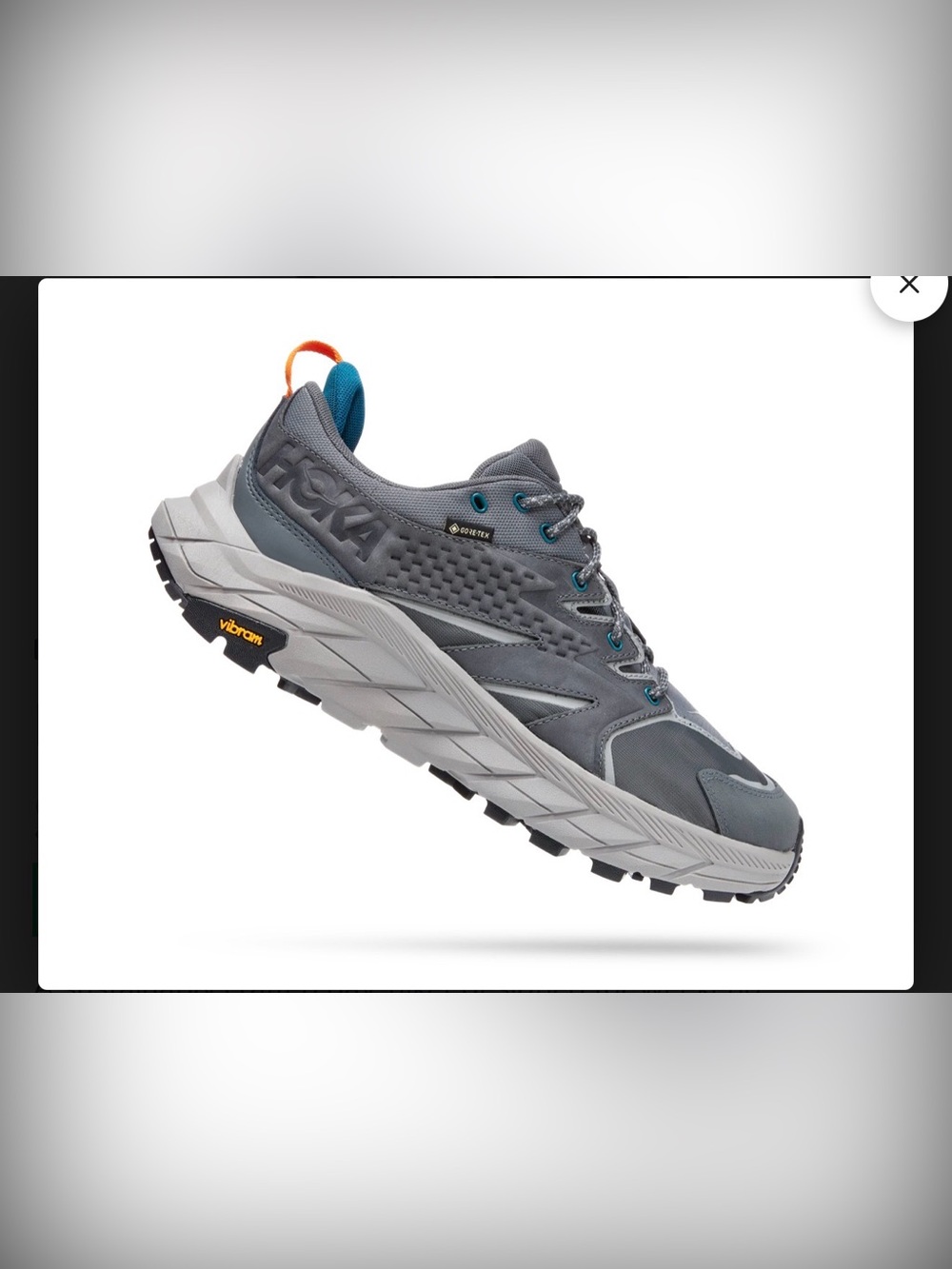 Hoka Anacapa Gray Trail Runner with Teal and Orange Accents